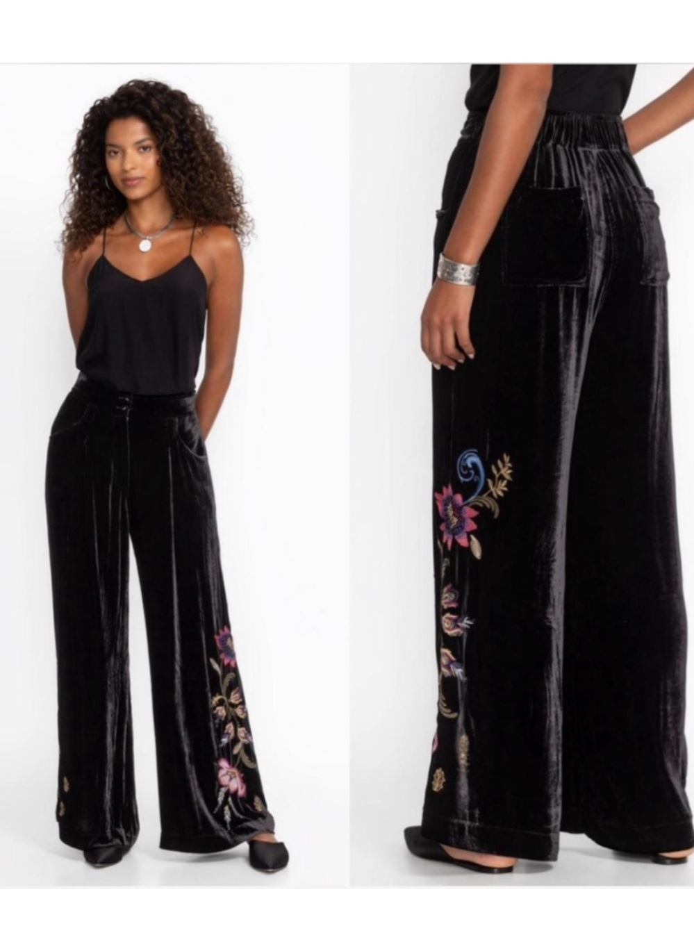 Johnny Was Black Velvet Wide-Leg Pants with Pink & Blue Floral Embroidery, Large
